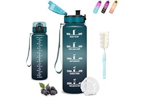 Mujigaga Borraccia 1 litro, Borraccia Palestra, Senza Perdite, Borraccie Motivazionale, Facile da Pulire, Borraccie con Orari per Bere, Bottiglie Acqua con Scovolino in Spugna, per Yoga, Campeggio - 1