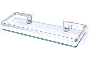 BSM Marketing Mensola rettangolare in vetro temperato da 8 mm, 380 mm x 120 mm (circa 38 x 12,7 cm) con binario in alluminio e staffe da parete, bagno, camera da letto, cucina, ufficio