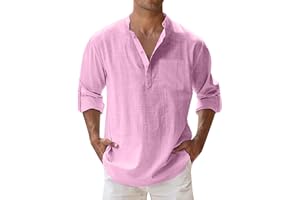 TOYSDEAL Camisa Hombre Manga Larga Verano de Lino Camiseta Henley Shirts Elegante con Botónes Regular Fit Camisa de Verano Camisa de Trabajo Vintage de Lino Playa Vacaciones