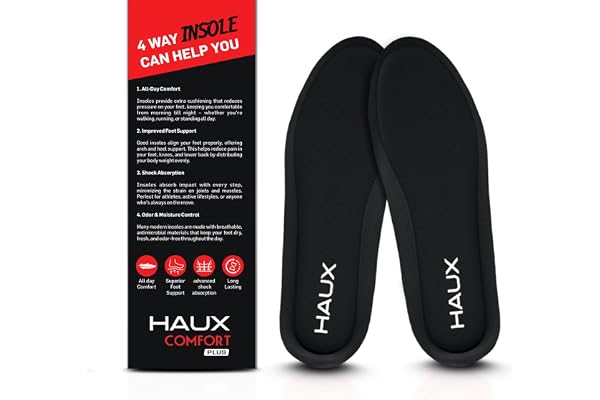 HAUX Comfort+ Memory Foam Insoles for Men Soft Cushion Shoe Insole for Daily Use, Walking, Running, Sports & All-Day Standing Comfort (Black (Pack of 1), UK-9)