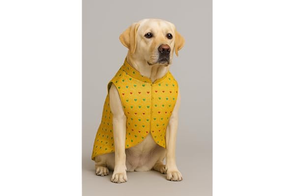 Vibrant Yellow Ethnic Dog Sherwani Festive Indian Pet Outfit with Heart Motif Traditional Jacket for Dogs Comfortable & Colorful Attire for Weddings, Haldi, Festivals (XXL)