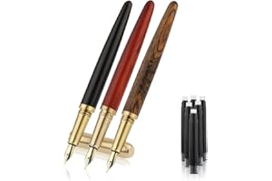 Cobee Set di 3 penne stilografiche vintage in legno, fatte a mano, di lusso, da 0,5 mm, scrittura liscia, con 6 cartucce di inchiostro nero da 2,6 mm, per diari, calligrafia, scuola, ufficio (A)