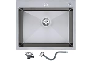 Spülbecken 60 x 50 cm, KEOKBON Nanosilber Spüle Küche Edelstahl 1 Becken, edelstahlspüle mit Hahnloch, Küchenspüle inkl. Abflusssieb und Montageanleitung