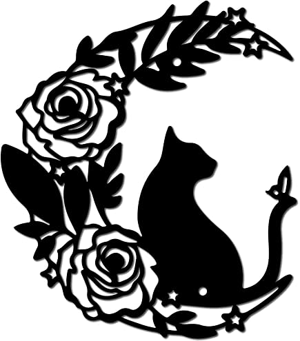 Décoration Murale Chat Et Lune En Métal Noir - 38 Cm - Style Rustique Moderne - Pour Salon, Chambre, Jardin
