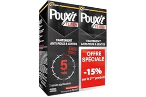 POUXIT - Flash - Lotion Spray Anti-poux et lentes - Agit en 1 Application de 5 Minutes Seulement - Traitement du Cuir chevelu - Lot de 2-2x150ml