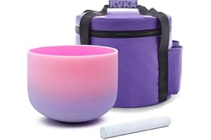 KVKA Crystal Singing Bowl, 432Hz 8 Inch F note Heart Chakra Quartz Frosted Sound Healing Bowl Instruments for Yoga Meditation with Carry Bags — Pink Purple