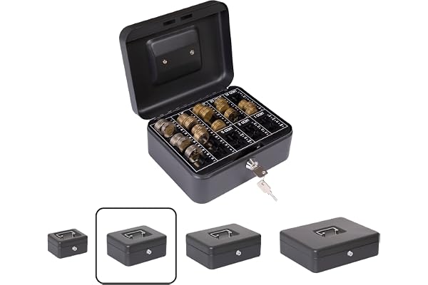 ARREGUI Elegant Cash C9624-EUR Caisse à monnaie et billets à clé pour ranger et transporter l'argent | Caisse en acier monnayeur et compartiment pieces | Coffre fort portatif 20 cm de longueur | Noir