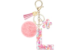 JSRQT Llavero con Letra Inicial Rosa para Mujeres y Niñas, Llaveros de Resina con Letras del Alfabeto y Lentejuelas Florales, Colgantes de Borlas con Pompones Florales, Dije para Bolso