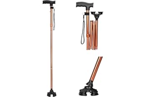 supregear Canne Pliante, Canne Pliante Réglable à 5 Niveaux avec Poignée en T et Dragonne Anti-Perte Antidérapante Autoportante Support en Caoutchouc à 4 Pieds pour Âgé Désactivé Homme Femme