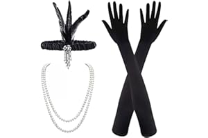 MIVAIUN Zestaw akcesoriów do włosów w stylu lat 20. XX wieku, z opaską na czoło z piórami, czarnymi długimi rękawiczkami, naszyjnikiem z pereł, do kostiumów w stylu Gatsby’ego, styl retro (3 elementy)