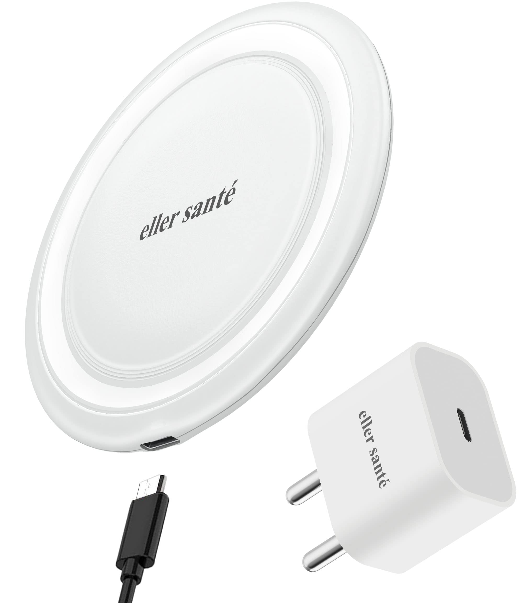 eller santé® 15W Wireless Charger + 20W PD Adapter MONTCLAD Series Fast Charging Pad PD Type C Cable for 15/15 Plus/15 Pro/15 Pro Max, 14/14 Plus/14 Pro/Max, iPhone 13/12/11 Series-White