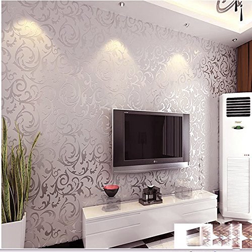 Europa HANMERO®einfache und europäische PVC-Tapete Prägung Mustertapete 0.53m*10m silbergrau für Fernsehhintergrund, Schlafzimmer, Sofahintergrund, Hotel - 2