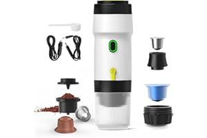 aichilra Cafetera de viaje de extracción de 15 barras con encendedor de cigarrillos USB, cafetera de coche compatible con cápsulas NES y cápsulas DG y café molido para camping, oficina