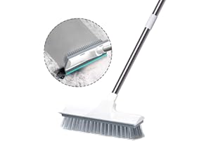 SWETHAW 2 in 1 Floor Scrubbing Brush with Long Handle, Heavy Duty Stiff Bristle with Squeegee Shower Cleaning Scrub Brush for Cleaning Kitchen, Bathroom, Patio, Wall and Deck