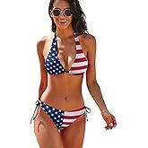 Women 2-Piece Blue Sexy Brazilian Sling Halter String Triangle American Flag Bikini Set Thong Swimsuit