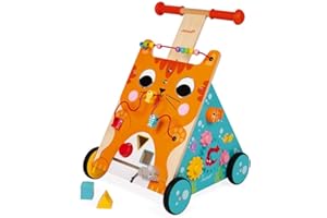 Janod - Carrello Multi-Attività Gatto in Legno - Spingitore Evolutivo con Freno e Maniglia Regolabile - Apprendimento della Camminata - A Partire dall'anno, J08005, Multicolore