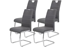 ‎HELA TISCHE Hela Tische 4er Set Schwingstuhl, Küchenstuhl Flora, Kunstleder Grau, Griffmulde, Metallgestell verchromt, 42x57x98 cm