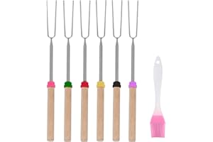 MEMOFYND 6 fourchettes à barbecue, 1 brosse à huile rose, brochettes télescopiques, barres en acier inoxydable, barres de barbecue, baguettes de barbecue rétractables, baguettes de barbecue à guimauve,