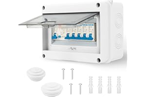 SNOVIRE Consumer Unit 4 Way, IP65 Fuse Box with Circuit Protection, Circuit Breaker for Garages, Workshops, Small Factories, 1P+N40A + 2×1P6A + 1P10A + 1P20A + 1P32A