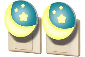 ANNMORE Luce Notturna Bambini da Presa, 2 Pezzi Lucina Notte Figlio Automatico pour Camera da Letto Ragazza, Lampada da Parete Allattamento, Motivo Luna e Stelle, Neonato Accessori Utili
