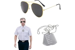 EUPSIIU 2 Pieces Army Fancy Dress Sunglasses and Dog Tag Solider Military Cosplay Costume Pilot Costume Aviators Accessories for Men Women Adults Cosplay Dress up Party Theme Halloween