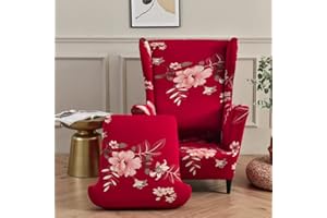 Highdi 2-Pezzi Copripoltrona con Orecchie Elasticizzato, Elegante Fiori Copridivano da 1 Posto Strandmon con Fodera per Cuscino, per Bar Soggiorno Camera da Letto Reception (rosso)