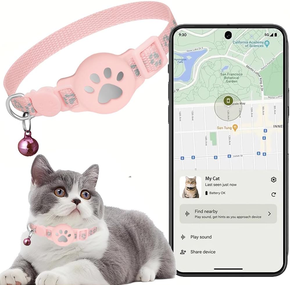 Collar GPS Gatos, GPS para Gatos sin Cuota Mensual, No Requiere SIM (Solo Android), Collar Localizador Compatible con goo- gle Find My (Collar + rastreador Rosa)