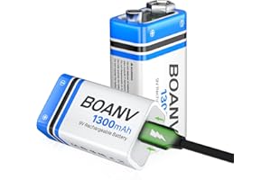 BOANV 9V Akku Block Wiederaufladbare, 1300mAh 9V Lithium-ionen Batterie, Micro USB Ladegerät mit 2-in-1 Ladekabel für Rauchmelder, Alarme Tastatur Mikrofon 2 Stück