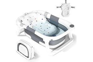 COOSEYA Vaschetta da Bagno Pieghevole, Vaschetta da Bagno Essenziale per Neonati e Bambini, Vaschetta da Bagno Portatile con Tappetino Antiscivolo, Foro di Drenaggio (Grigio + Tappetino da Bagno)