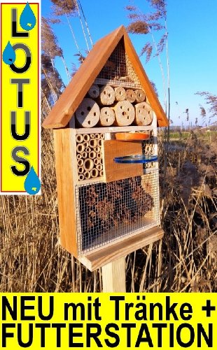 INSEKTENHOTEL,LOTUS-AUSFÜHRUNG (mit wasserabweisender Oberfläche), MIT 2 x SICHTGLAS ca. 8 mm und 11 mm (2 BEOBACHTUNGSRÖHRCHEN aus Glas, mit Zellstoff-Verschluss und Anflughilfe) MIT TRÄNKE SD und FUTTERPLATZ, Futterstelle, hellbraun braun XXXL Nistkasten Schmetterling Marienkäferkasten,Insektenkasten, Insektenhaus, funktionelle Garten Deko passend zum Vogelhaus oder Vogelhäuschen - 5