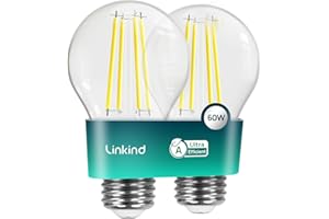 Linkind E27 LED Bulb, Energy Class A 3.8W=60W Equivalent, 2700K Warm White 806lm, Edison Screw in Light Bulb, Clear Glass Vintage Filament LED Bulb, 50000H Lifespan, 2-Pack