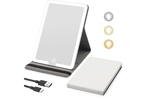 SUUPVAOR Travel Makeup Mirror with Lights, Lighted Travel Mirror with PU Leather Cover, 1500mAh Battery 3-Color Light Modes Dimming LED Light Up Vanity Cosmetic Mirror of 8X 5.5inch for Travel, Home, Office