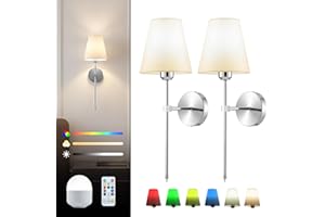 Warmiehomy Battery Operated Wall Lights Set of 2, Indoor Rechargeable Wireless Wall Sconces with Remote & Dimmable Bulb, 3 Color Temperature & 16 RGB Colors Wall Lamp for Living Room Bedroom, Chrome