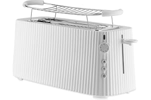 Alessi Plissé MDL15 W - Tostapane Lungo a Doppio Scomparto, in Resina Termoplastica, Griglia Scalda Brioche in Acciaio Inossidabile 18/10 e Resina Termoplastica, Spina Europea 1700 W, Bianco