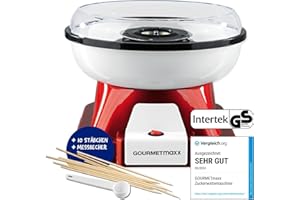 ‎GOURMETMAXX GOURMETmaxx Zuckerwattemaschine für Zuhause mit Zubehör | Retro Cotton Candy Machine Nostalgie mit Zuckerwatte-Stäbchen und Mess-Löffel | Zuckerwatte für Kinder Party [Rot Weiß]