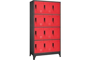 IKAYAA Taquillas Vestuario Armario para Vestuario Taquilla Metálico con 12 Compartimentos Ranuras de ventilación Recubrimiento de Polvo Antracita y Rojo