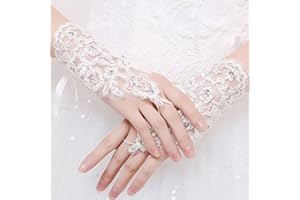 Carufin Guantes de novia de encaje Guantes cortos sin dedos con flores de cristal Guantes de salón de novia para accesorios de disfraces de fiesta de boda para mujeres y niñas (Marfil)