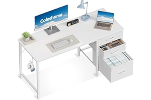 Coleshome Skrivbord med 3 tyglådor, 120x48cm, Vit | Rymligt Skrivbord med Hörlursställ, Reversibelt Datorskrivbord för Hemkon