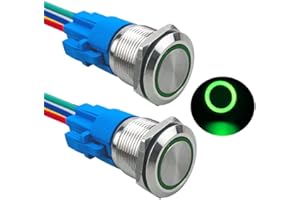 Aiqeer 2-częściowy przełącznik przyciskowy 19 mm, 12 V / 24 V 5A wodoodporny przełącznik przyciskowy ze stali nierdzewnej IP67, z gniazdem przewodowym (zielona dioda LED)