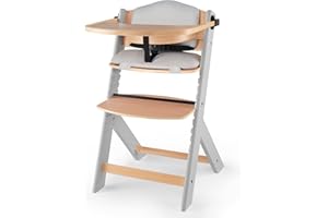 Kinderkraft Krzesełko do karmienia ENOCK 3w1, Drewniane krzesło dla starszaka, Poduszka w zestawie, Regulowana wysokość siedziska, Zdejmowana tacka, Ergonomiczne oparcie, Szare