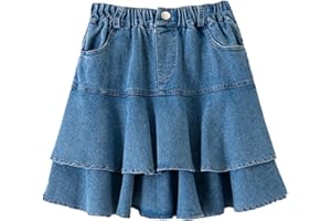 Alunsito Gonna di Jeans per Bambina per Bambina Estate Autunno Gonna di Jeans a Strati a Vita Alta per Bambina con Tasca