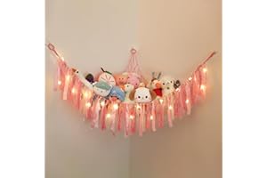 Lewondr Hamac de Rangement pour Jouets en Peluche, 100x100x150cm Filet de Rangement Hamac pour Animaux en Peluche avec Crochets, Hamac de Jouet en Peluche pour Chambre Salle de Bain - Rose