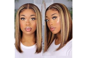 VIPBEAUTY Ombre Highlight 13x6X1 Transparent Lace Front Human Hair Bob Wig for Black Women 150 Density Brazilian Wig Human Hair Short Bob Glueless T Part Lace Wigs 4/27 Color 14 inch