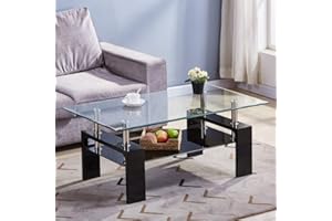 ‎GOLDFAN GOLDFAN Couchtisch Glas Rechteckiger Wohnzimmertisch Glas Couchtisch Schwarz Hochglanz Kaffetisch Geeignet für Wohnzimmer Private Entspannungsbereiche zu Hause kleine Büros, Schwarz