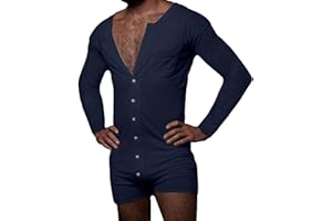 WAZHAKU Jumpsuit Herren Kurz mit Knopfleiste langarm Onesie Pyjama Einteiler Langarm Strampler Bodys Overall Onesie Stretch Baumwoll Strampler mit Knöpfen Männer Thermo Overall Loungewear