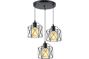 PETITES ECREVISSES Suspension Luminaire Industrielle 3 Lampes Vintage E27 Lustre Abat-jour en Métal Design pour Salon Chambre Cuisine (Noir-avec une base ronde)