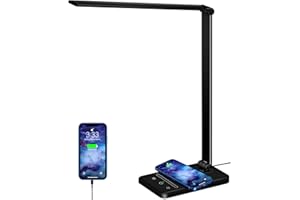 WHICOW weareok Schreibtischlampe LED Dimmable,Tischlampe Augenschutz,Desk Lamp 5 Farb und 6 Helligkeitsstufen,10W QI KabellosemLadegerät und USB-Anschluss Table Lamp mit Stecker Touch für Büro Schwarz