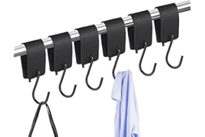 BAFEIL Haczyki w kształcie litery S, czarne, 6 sztuk – haczyki na ubrania w kształcie litery S, metalowe, bez wiercenia, skórzane haczyki do zawieszenia, do zawieszenia