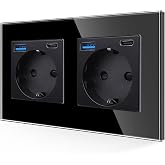 JIMEIDA 20W Dual USB Plug in Black, 16 Amp Glass Sockets with Fast Charging USB Port and Max 3.1A Type C Port, Recessed Groun