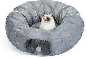PAWZ Road Cat Tunnel, letto a tunnel per gatti con tappetino centrale morbido e giocattoli a sfera di peluche, tubo a tunnel pieghevole con simpatiche stampe a razzo per gattini, conigli da interno